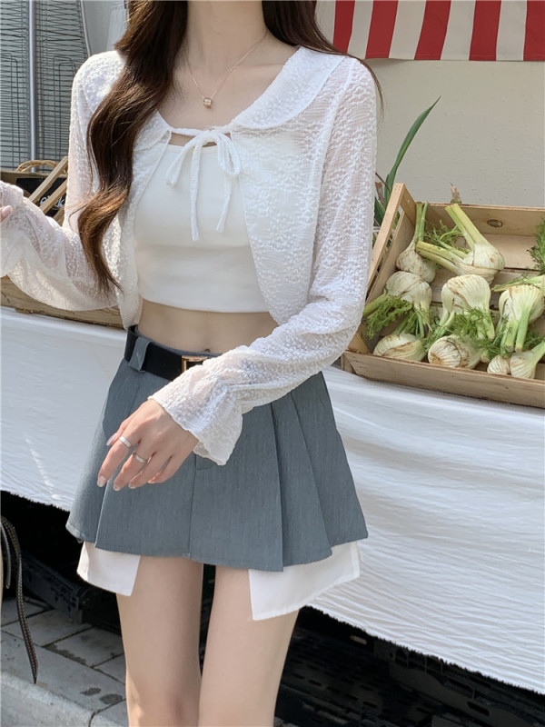 Actual photos and real prices. New sweet summer chiffon lace mini jacket with suspenders and doll collar cardigan.