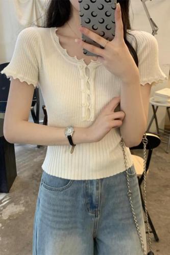 实拍 夏季韩版修身气质花边纽扣设计纯色安迪绒针织短袖上衣