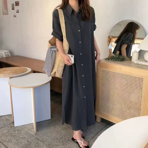 Simple solid color loose and versatile shirt dress