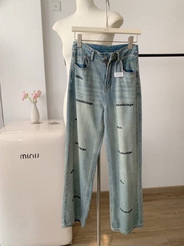 American letter embroidered narrow wide-leg jeans for women in spring and autumn new high-waisted straight-leg loose slimming wide-leg pants