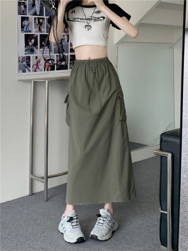Real shot and real price high-waist work skirt skirt for women summer new design niche drawstring long skirt a-line skirt
