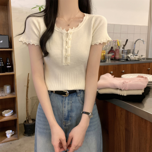 实拍 夏季韩版修身气质花边纽扣设计纯色安迪绒针织短袖上衣