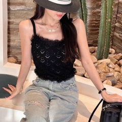 Lace trimmed camisole for women to wear outside and inside with knitted tops girls' jacquard tops 2024 spring and summer