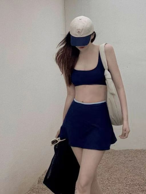 裙式復古碎花比基尼泳裝女連體裙式無鋼托帶胸墊無袖休閒泳衣