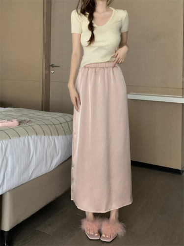 Real shot of summer casual satin drape A-line skirt with slit high waist slimming skirt