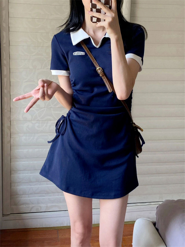 2024 new style small French draped polo dress women's summer college style hot girl hip skirt