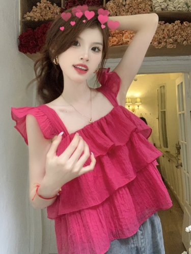 Real shot French rose red shirt for women summer square collar chiffon babydoll top with flying sleeves and chic short top