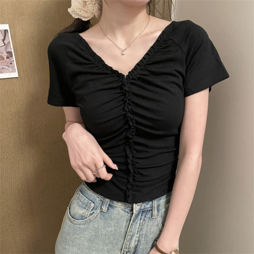 Real shot of pleated figure-showing top V-neck pullover slightly see-through elastic hot girl pure desire short-sleeved T-shirt for women