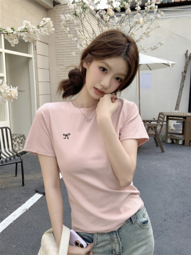 Real shot Summer Korean style round neck bow embroidered right shoulder slim design pure cotton short-sleeved T-shirt top