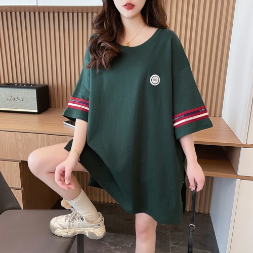 Actual shot of pure cotton 200 grams, back collar, mid-length contrasting color round neck short-sleeved T-shirt for women, loose summer top