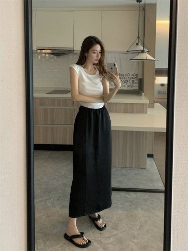 Real shot of summer casual satin drape A-line skirt with slit high waist slimming skirt