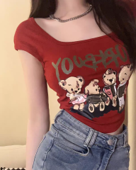 Sweet and spicy bear print vest with fixed cushion, summer slim and versatile U-neck top with small flying sleeves and hollow back