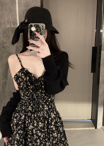 Actual shot ~ Korean style waist slimming black floral irregular dress knitted waistcoat cardigan two-piece set
