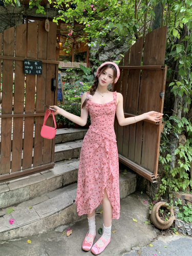 Real shot of Korean style pink floral irregular suspender dress for women