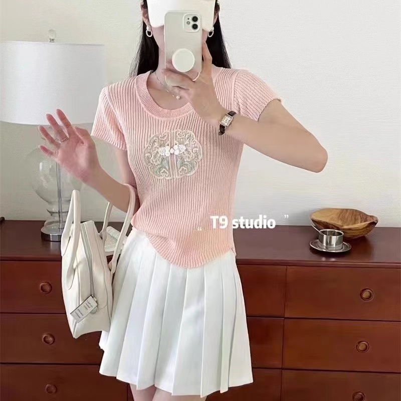 Chinese style knitted short-sleeved t-shirt for women solid color versatile temperament casual simple summer new design top ins