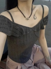 One-shoulder gray short t-shirt for women summer 2024 new bottoming shirt design niche unique slim fit top