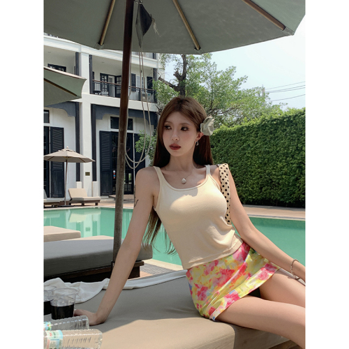 Actual shot~Spring and summer new style~U-neck small camisole women's outer wear with padded bra all-in-one beautiful back top
