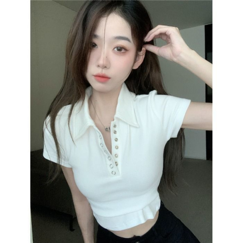 Short-sleeved right shoulder top 2024 summer new Korean style slim white hot girl BM style short POLO collar T-shirt for women