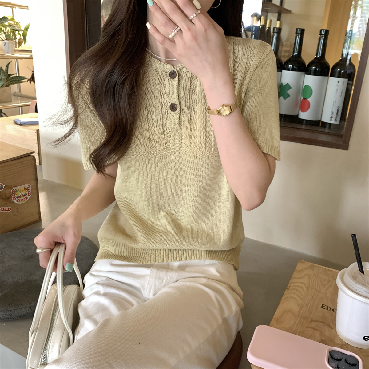 實拍 夏季韓版氣質圓領紐扣設計感百搭仿亞麻針織短袖上衣女