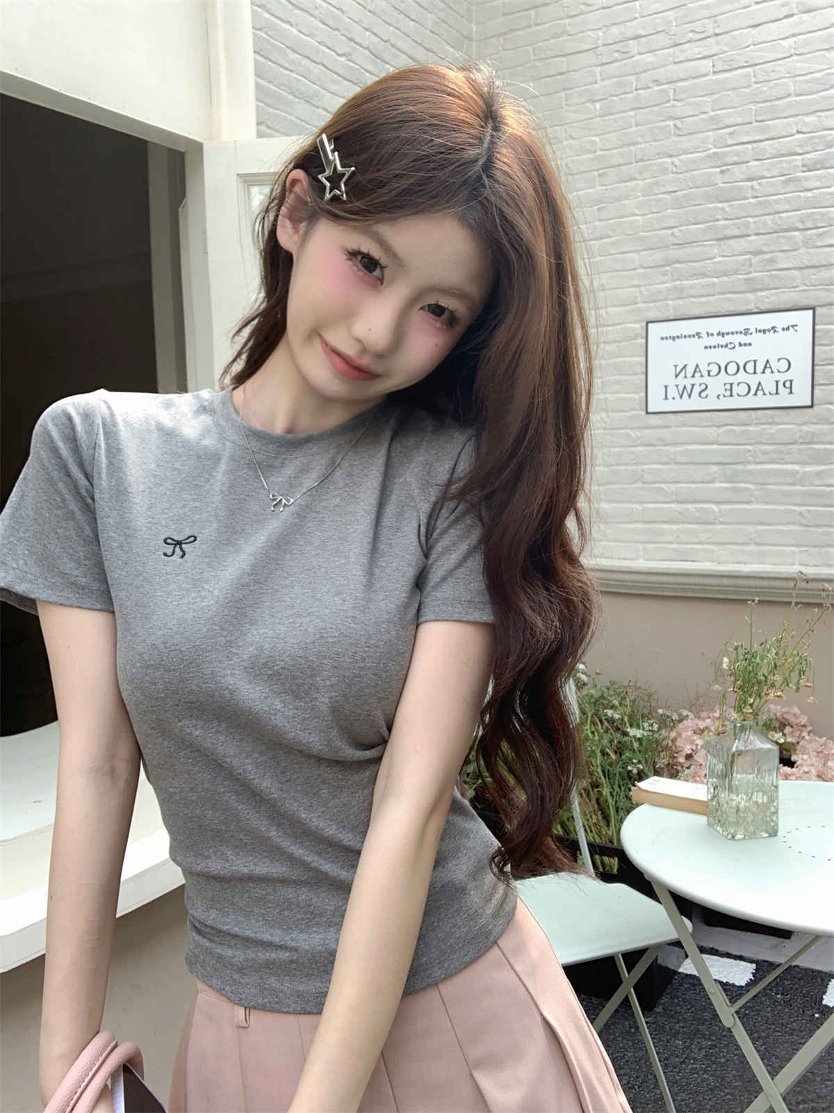 Real shot Summer Korean style right shoulder round neck butterfly embroidery design pure cotton short-sleeved T-shirt top for women