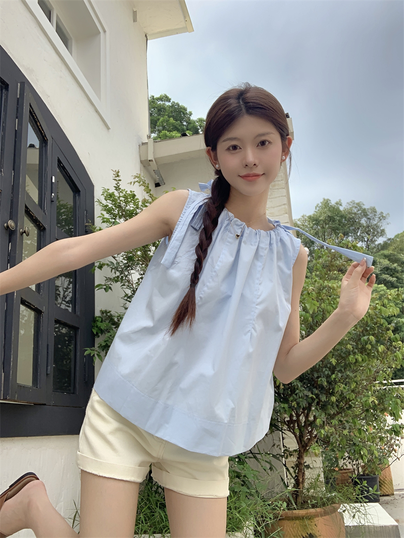 實拍 夏季新款韓系無袖綁帶坎肩背心褶皺顯瘦氣質小衫上衣女
