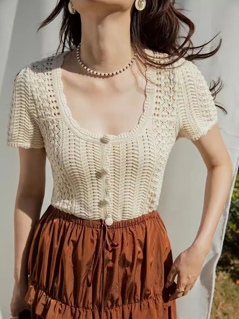 OP Home Gentle and Romantic French Retro Exquisite and Sweet Hollow Knitted Large U-neck Right Shoulder Short Sleeve T-Shirt for Women Summer