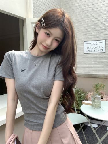 Real shot Summer Korean style round neck bow embroidered right shoulder slim design pure cotton short-sleeved T-shirt top