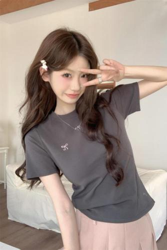 Real shot Summer Korean style round neck bow embroidered right shoulder slim design pure cotton short-sleeved T-shirt top