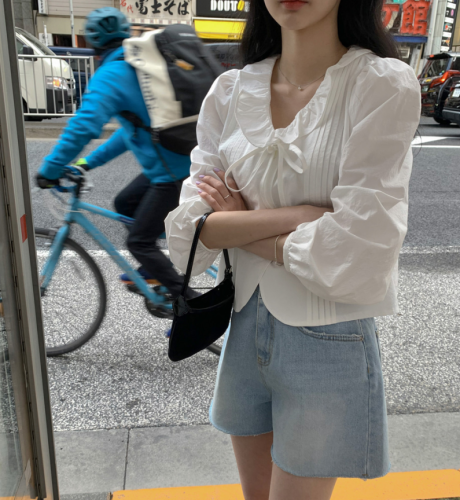 纯棉 韩国ins春日 气质荷叶边细条绑带 长袖衬衫女单排扣长袖衬衣