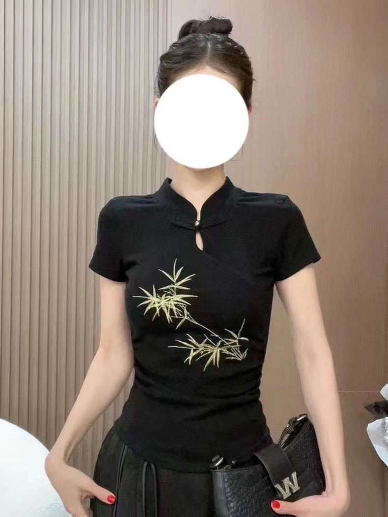 New Chinese style plate button embroidered short-sleeved T-shirt for women 2024 summer new style retro national style top, versatile and fashionable