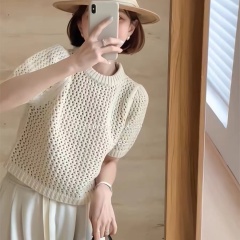 French style hollow knitted sweater for women early spring and summer high-end design niche slim fit and trendy age-reducing top