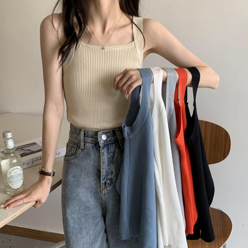 Real shot of summer Korean style solid color short inner vest sweater women's bottoming shirt student small suspender top wear outside