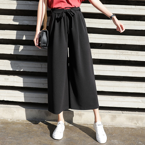 Wide-leg pants for women, new spring and summer Korean version, versatile loose chiffon casual straight-leg lace-up nine-point high-waisted women's trendy pants