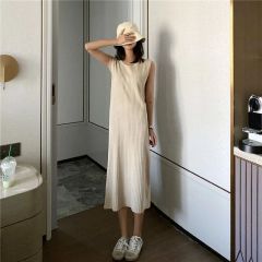 冰絲裙女春夏新款中長款打底裙圓領無袖寬鬆內搭連衣背心裙冰爽絲