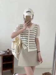 2024 new summer Korean style fashionable simple lace beaded stitching gauze sleeves buttoned top NV