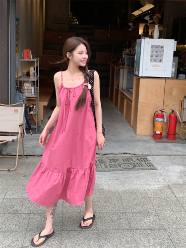 Actual shot ~ New raspberry pink whitening, age-reducing, lazy and casual design, loose slimming suspender dress