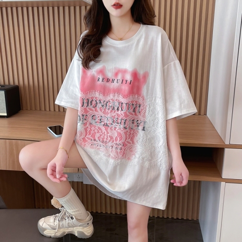 Actual shot of pure cotton 200 grams, back collar, mid-length spliced ​​lace short-sleeved T-shirt for women, loose summer top