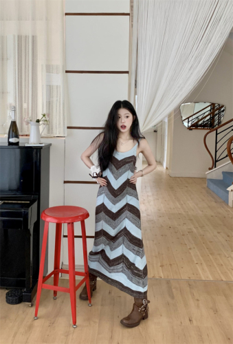 Real shot ~ hot girl style striped suspender dress 2024 new knitted skirt