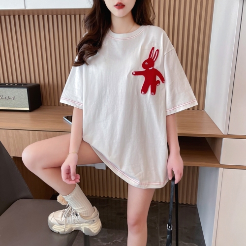 Actual shot of pure cotton 200g, back collar, mid-length toothbrush embroidered round neck short-sleeved T-shirt for women, loose top