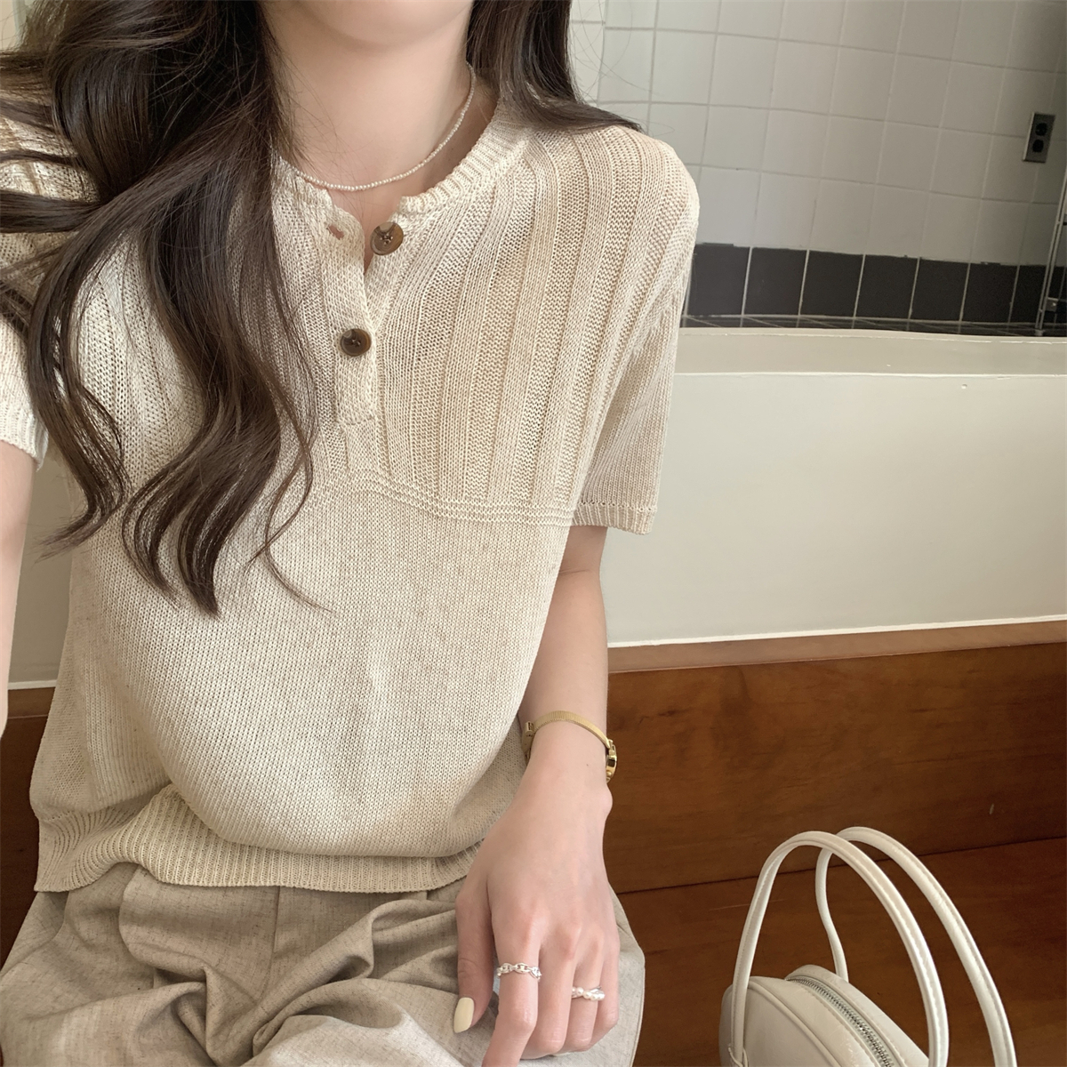 實拍 夏季韓版圓領紐扣設計感薄款仿亞麻針織短袖上衣女