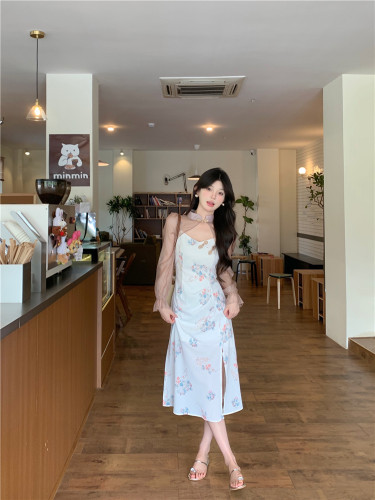 Real shot of new Chinese style improved retro printed suspender skirt + long-sleeved Tencel short-sleeved cardigan for summer