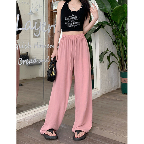 Real shot!  2024 new style loose slimming wide leg pants elastic waist drawstring straight solid color casual pants for women