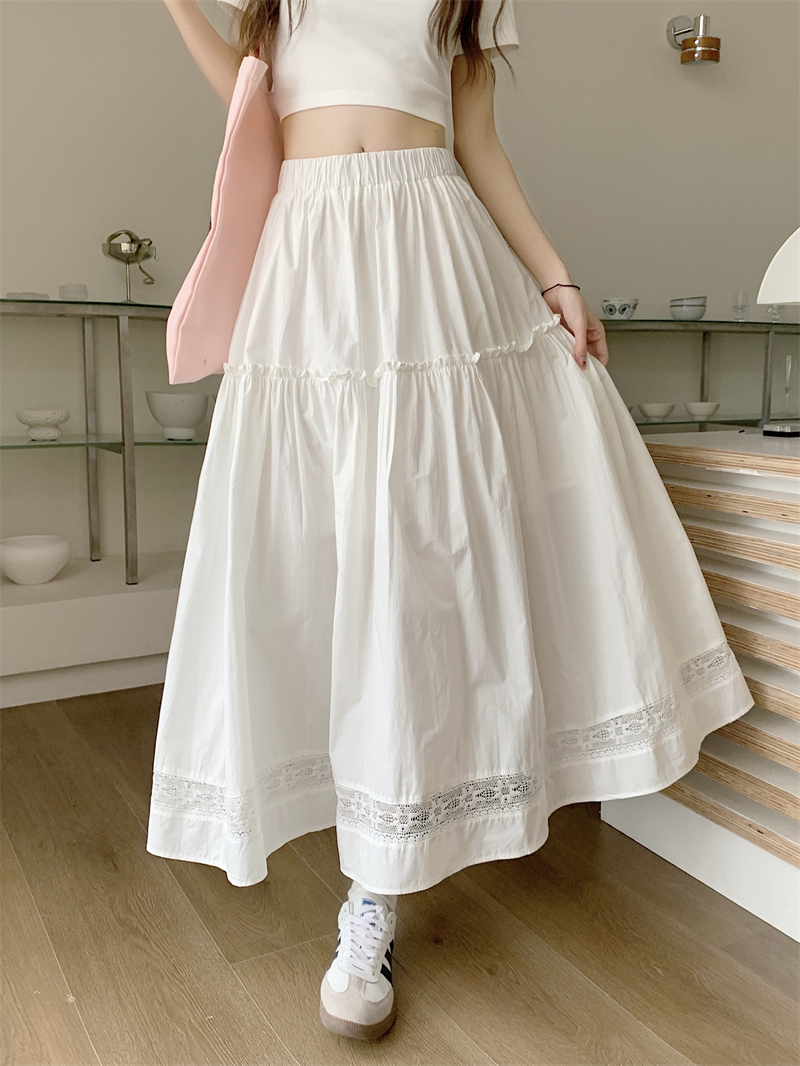 Real shot of sweet age-reducing elastic waist white lace stitching A-line skirt