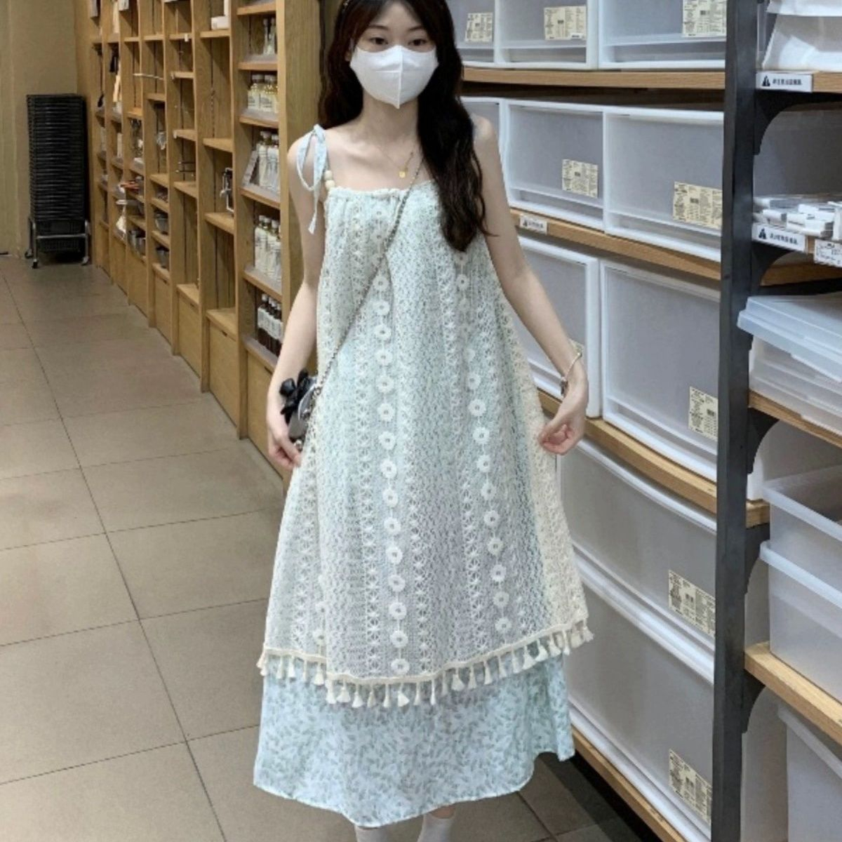 French retro tassel splicing sweet dress for women summer new slim temperament suspender sleeveless mid-length skirt