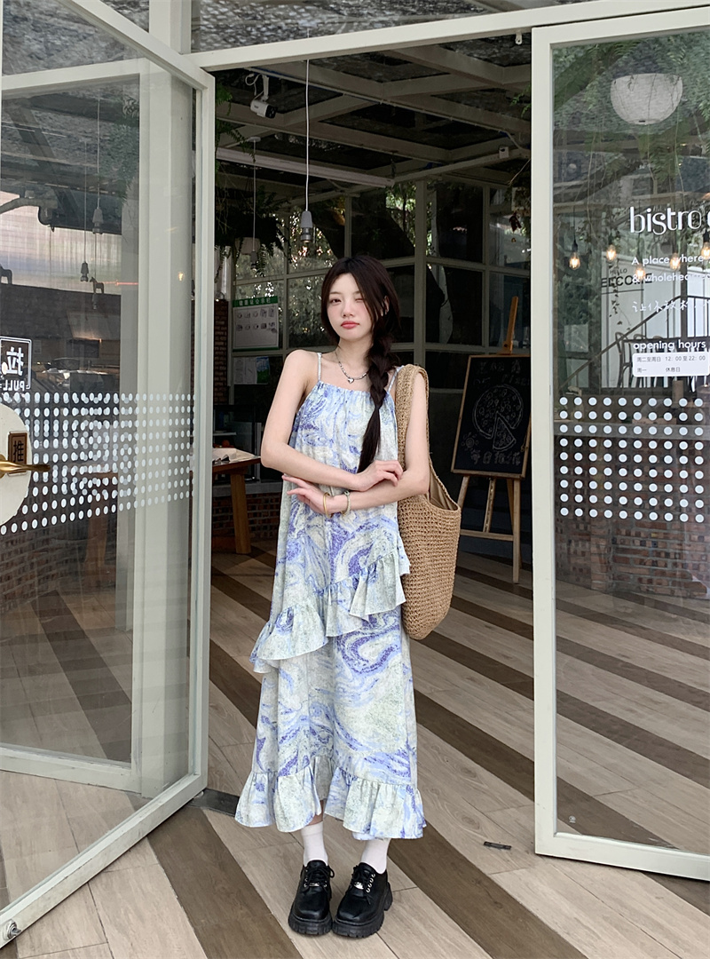 Actual shot ~ Smudged blue, purple and green printed ruffled suspender resort style seaside sweet dress