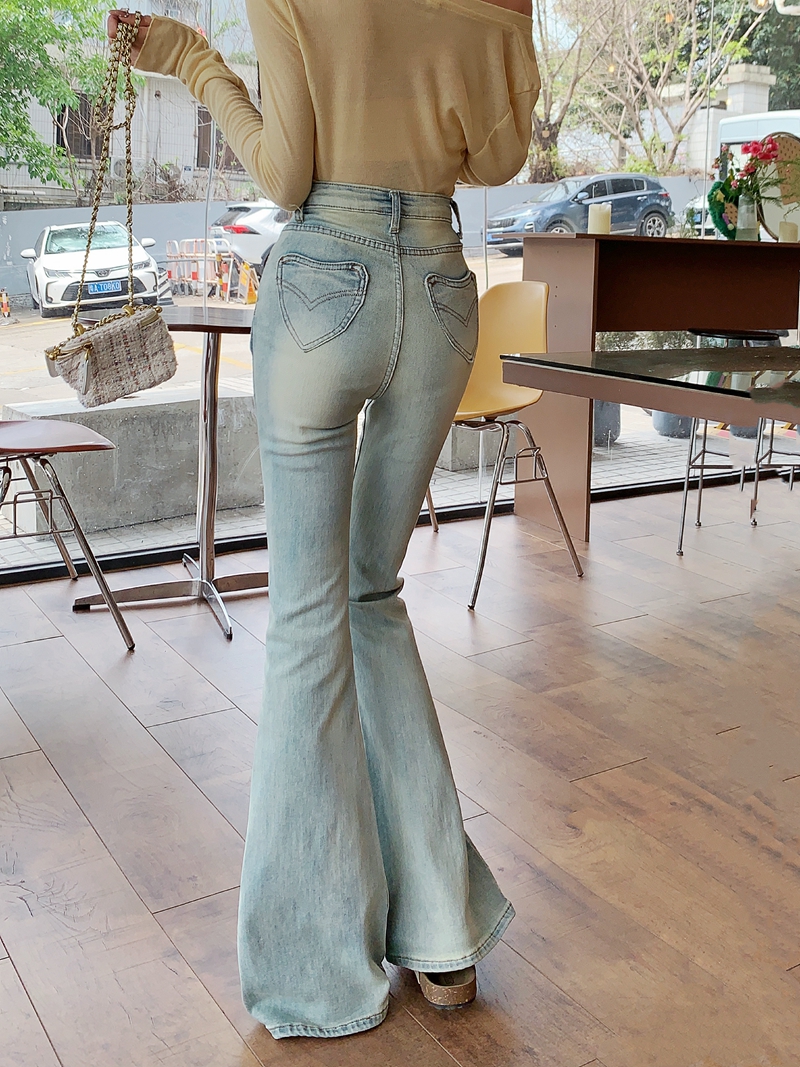 Actual shot #New high-waisted slightly flared denim trousers for women with heart-shaped back pockets and wide-leg floor-length mopping trousers