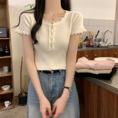 實拍 夏季韓版修身花邊紐扣設計感安迪絨針織短袖上衣女