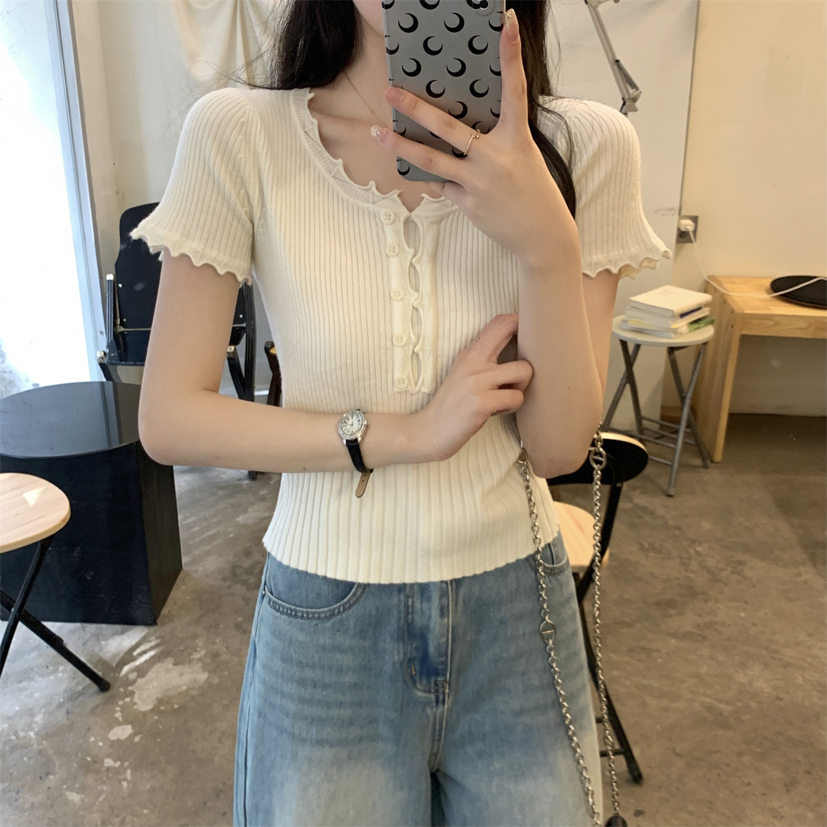 實拍 夏季韓版修身氣質花邊紐扣設計純色安迪絨針織短袖上衣