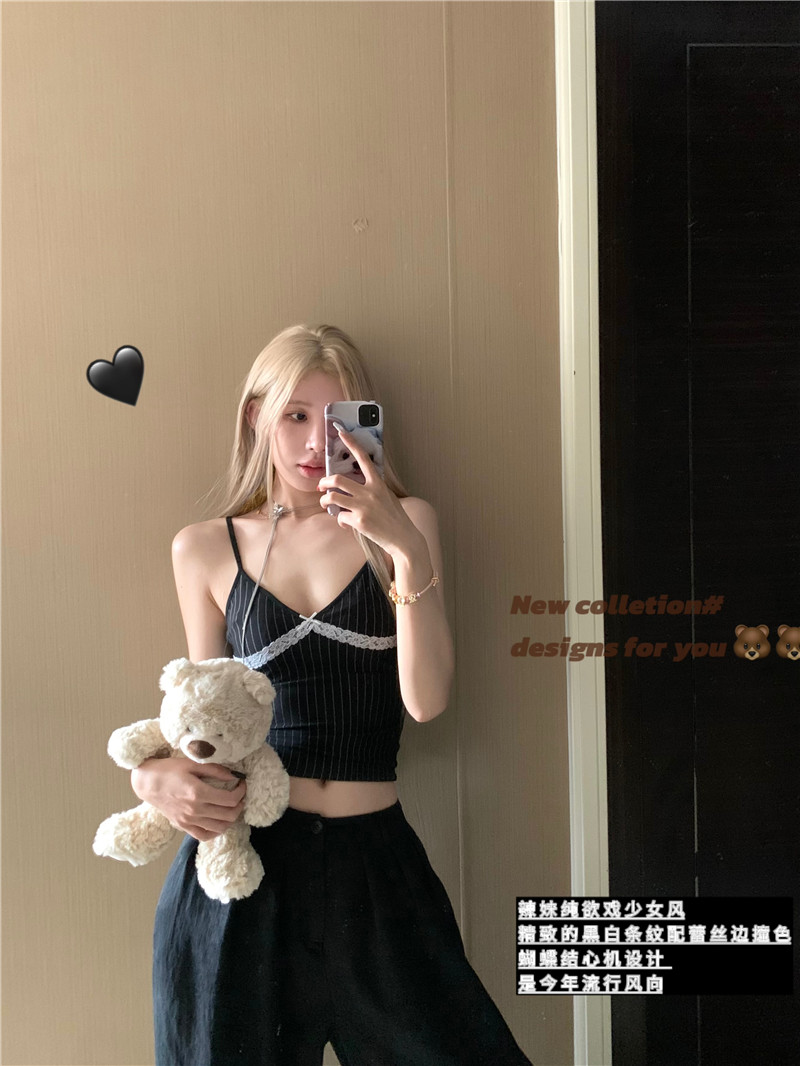 實拍復古條紋甜辣少女法式花邊低領性感V領吊帶