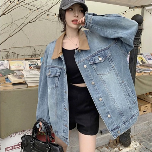Pu leather splicing polo collar denim jacket for women spring and autumn retro Hong Kong style loose mid-length work jacket top